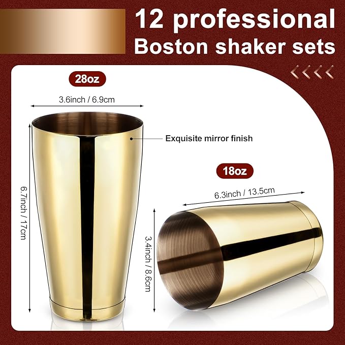 Zhehao 24 Pcs Gold Cocktail Shaker Professional Bar Boston Shaker Set Stainless Steel Martini Shake Drink Mixer Basic Tool Weighted Shake Metal Can Bartending Tins for Beginner, 18oz, 28oz