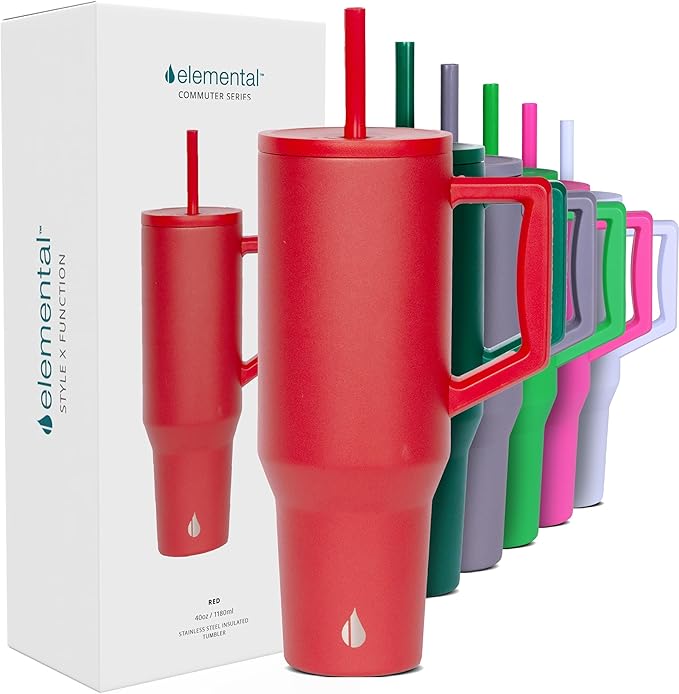 Elemental 40 oz Tumbler with Handle and Straw - Spill Proof Insulated Stainless Steel Commuter for Hot and Cold Beverages - Travel Coffee Mug with 2 Straws & Spill Proof Lid - 40oz - Red
