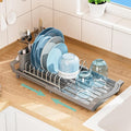 Expandable Dish Drying Rack for Sink or Countertop – Compact Stainless Steel Dish Drainer with Removable Utensil Holder, Rustproof Plate Rack for Small Kitchen Spaces, Grey
