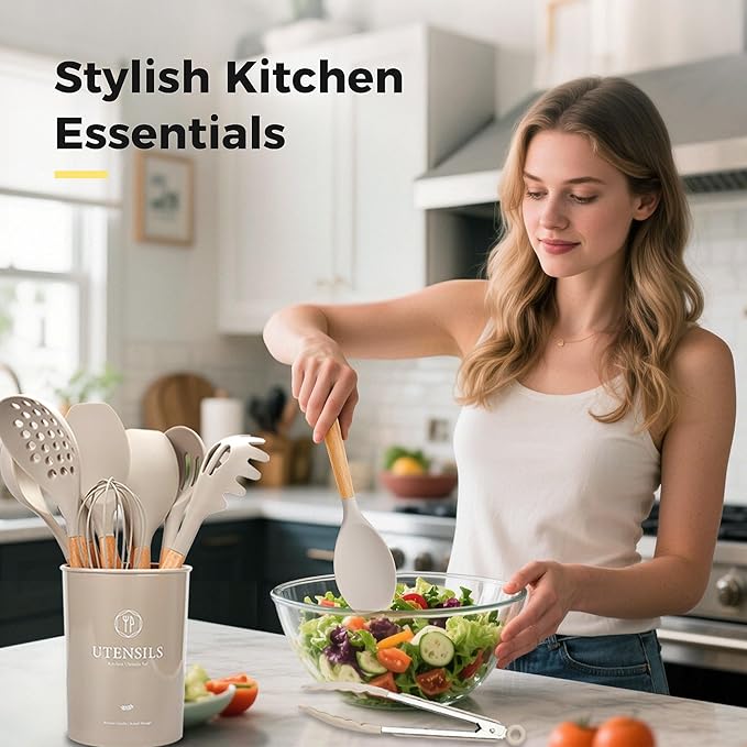 Kitchen Utensils Set with Wooden Handle, 26 Pieces Heat Resistance Silicone Cooking Utensils Set with Holder, Food Grade Non-Stick Silicone Spatula, Kitchen Set for Cooking (Khaki)