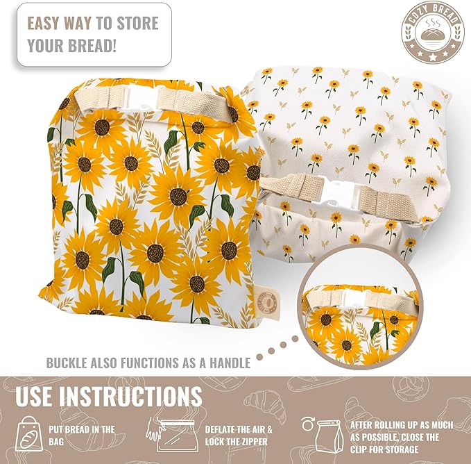 Cozy Bread® Reusable Bread Bag Set for Home Bakers | USA Brand | Charming Designs (Sunflower)