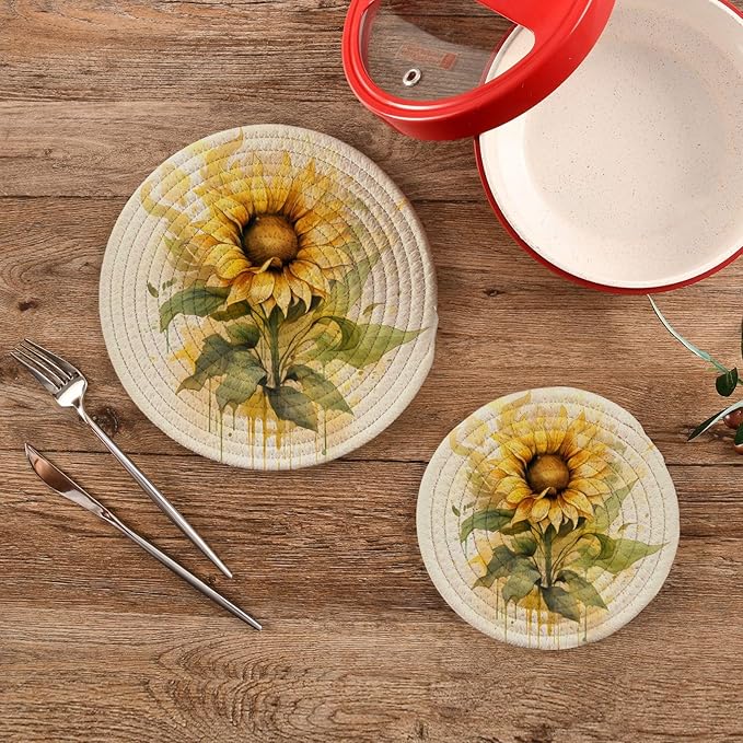 Sunflower Watercolor Kitchen Trivets Pot Holders Set of 2, Trivets for Hot Pots Dishes Woven Trivet Coaster Pad Mat for Counter