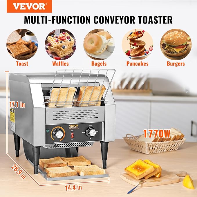 VEVOR Commercial Conveyor Toaster, 300 Slices/Hour, Heavy Duty Stainless Steel, Electric Restaurant Toaster for Toast, Bun, Bagel, Bread