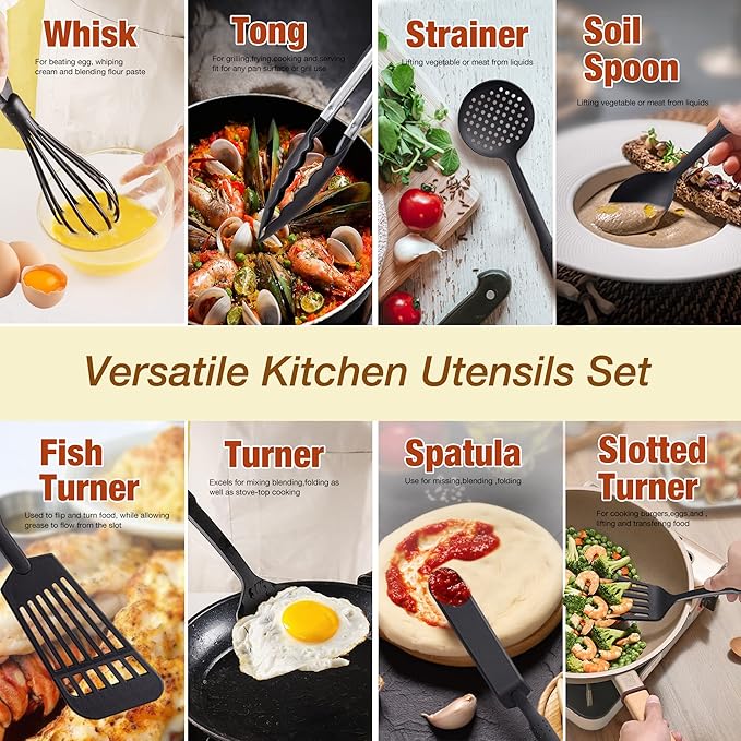 TJ POP Kitchen Utensils Set of 11 Pcs, Nylon Utensils Set, Non-Stick Cooking Utensils Set 410°F Heat Resistant, Kitchen Gadgets Accessories Tools for Cookware (BPA Free)