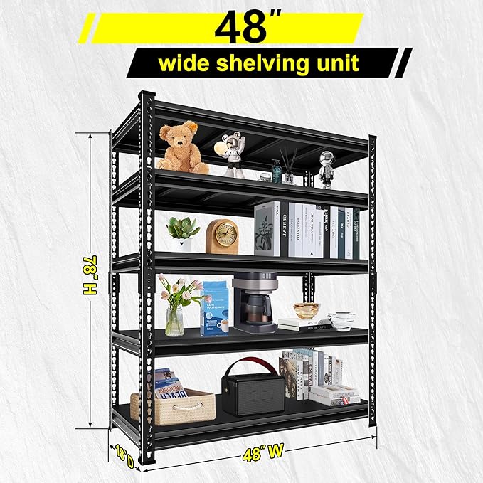 Utility Garage Shelves Heavy Duty - 48''W 2,800Lbs Steel Metal Industrial Storage Shelving Rack Units Adjustable 48" W x 18" D x 78" H 5 Tier Black