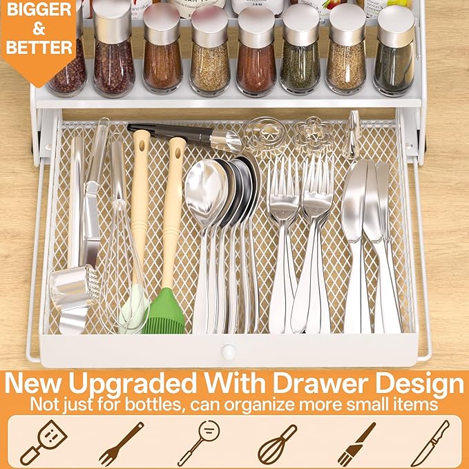 Spice Rack Organizer with Drawer: 5 Tier Spice Organization for Cabinet, Depth Adjustable Metal Shelf for Kitchen Countertop, Cupboard, Pantry, Holds Seasoning and Condiments (White)