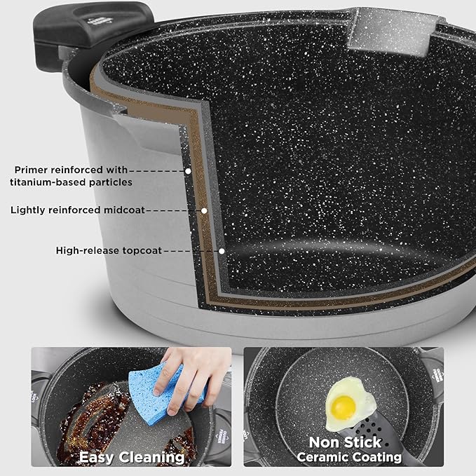 ROSSETTO 5QT Pasta Pot with Strainer Lid, 9.5'' Cast Aluminum Nonstick Multipurpose Stock Pot Spaghetti, Self-Draining Cooking Pot with Insulated Handles for Soup, and Boiling