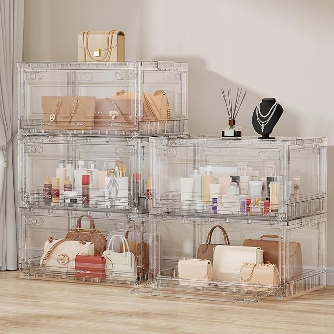 BROVIEW 400Qt Stackable Storage Bins with Lids Wheels, Crystal Clear Shiny Storage Cabinet Plastic Drawer Foldable Closet Organizers Display Box with Front & Back Doors, for Home Office Garage,5Pack