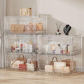 BROVIEW 400Qt Stackable Storage Bins with Lids Wheels, Crystal Clear Shiny Storage Cabinet Plastic Drawer Foldable Closet Organizers Display Box with Front & Back Doors, for Home Office Garage,5Pack