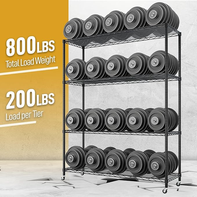 Karl home 4-Tier Storage Shelving with 2" Wheels, Adjustable Metal Shelves Wire Storage Rack for Garage Kitchen Basement,800LBS Capacity 64.96" H X 46.06" W X 17.7" D,Black