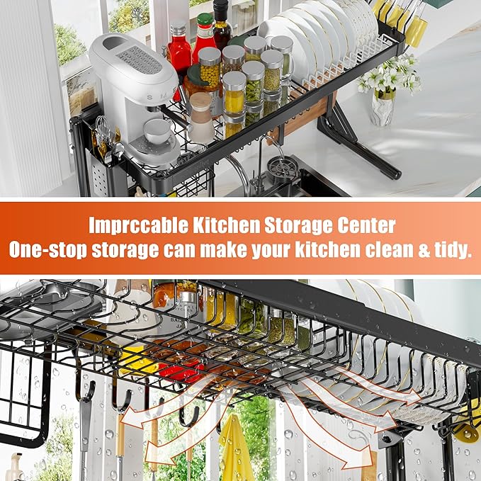 ZDRongZhen Over The Sink Dish Drying Rack,2 Tier Full 304 Stainless Steel Dish Drainer Rack,Adjustable Length (22.8''~35.04'') Kitchen Storage Counter with Cup Hanging Set and Hooks (Black-2Tier)
