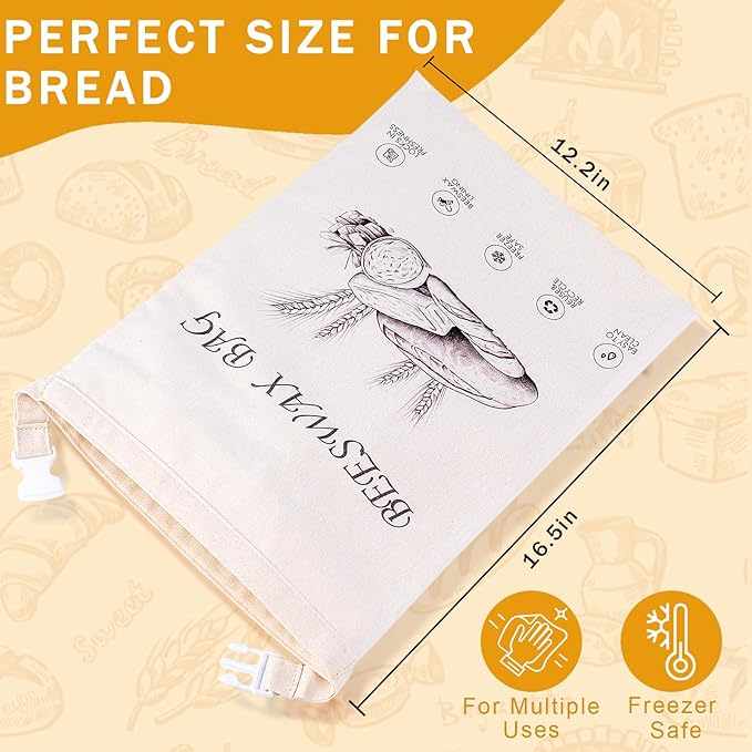 2-Pack Reusable Beeswax Bread Bags for Sourdough & Homemade Bread，Cotton Waxed Bags Keeps Fresh Longer(Golden Wheat)