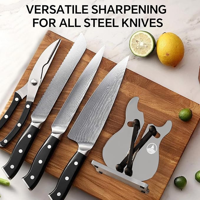 WWN Professional Knife Sharpener, Stainless Steel Sharpening Tool for Kitchen Knives with Self-Adjusting Angle, 3-Action Quick Edge Manual Sharpener with Straight Blade Knives for Chefs & Home Use