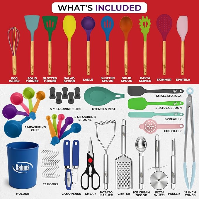 Kaluns 50 PCS Silicone Kitchen Utensils Set Complete Kitchen Set - 800°F Heat Resistant Non-Stick Premium Cooking Utensils W Wooden Handles - Can Opener, Masher, Turner, Silicone Spatula Set