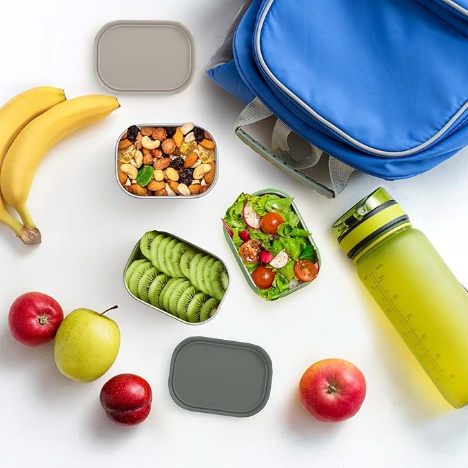 Homikit 3 Pack Snack Containers for Kids, 18/10 Stainless Steel Toddler Lunch Box with Silicone Lids, Reusable Bento Food Container Set for School Daycare, Nontoxic & Leak Proof, Green/Khaki/Gray