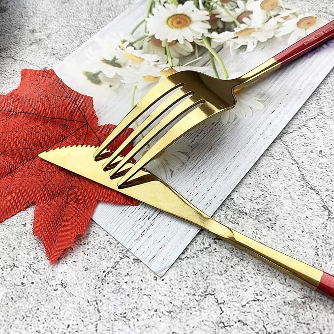 JASHII 18/10 Silver Silverware Set Stainless Steel Flatware Utensils Set Gold Cutlery Set| 36-Piece Modern Cubiertos Dorados| BEST Birthday Wedding Gift (6 sets, Red Handle Gold Mirror Polish)