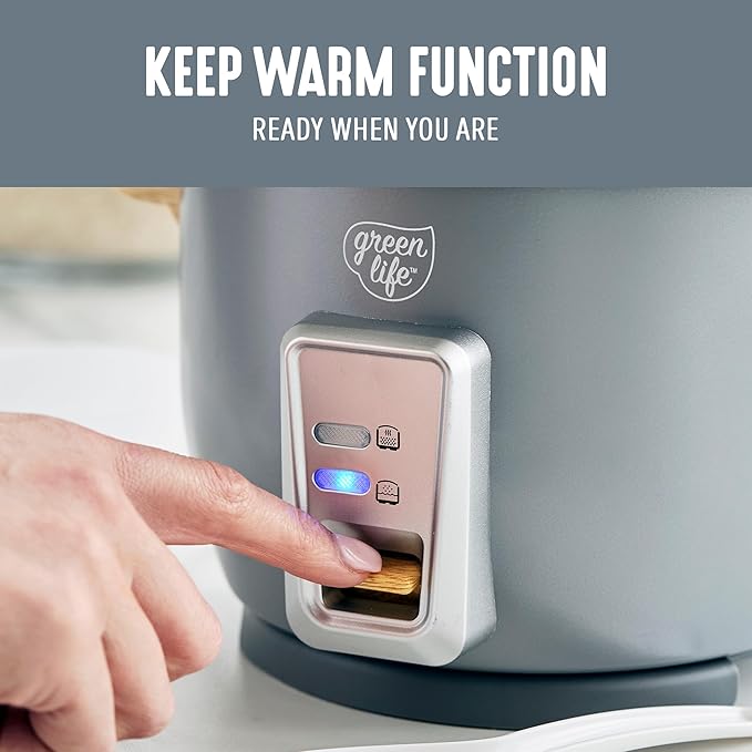 GreenLife Rice Cooker with Removable PFAS-Free Nonstick Pot, 3-Cups Uncooked/6-Cups Cooked, One-Switch Design, Auto Keep Warm Function, Soup, Grains, Oatmeal, Wood Handle, Gray