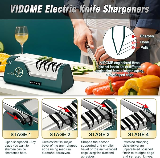 Electric Knife Sharpener with 100% Diamond Abrasives & Precision Angle Guides & 3-Speed Variable & 4-Stage Open Touch-Screen LCD Professional Knife Sharpener for Straight Edge,Serrated,Scissors,Axe