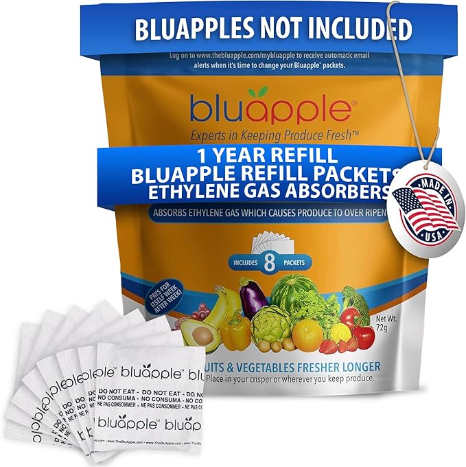 Bluapple Produce Saver Refill Kit - Keep Fruits & Vegetables Fresh Longer, Veggie & Fruit Saver, 8 Packets (9 grams each), Lasts up to 3 Months, Produce Storage, Ethylene Gas Absorber, Made in USA