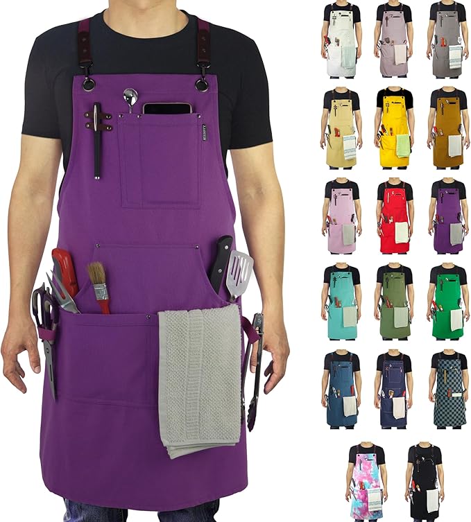 Kitchen Apron, Work Apron, Canvas, Multiple Pockets, Gardening, Painting, BBQ, Artist, Carpenter, Sizes M to XXL, Purple