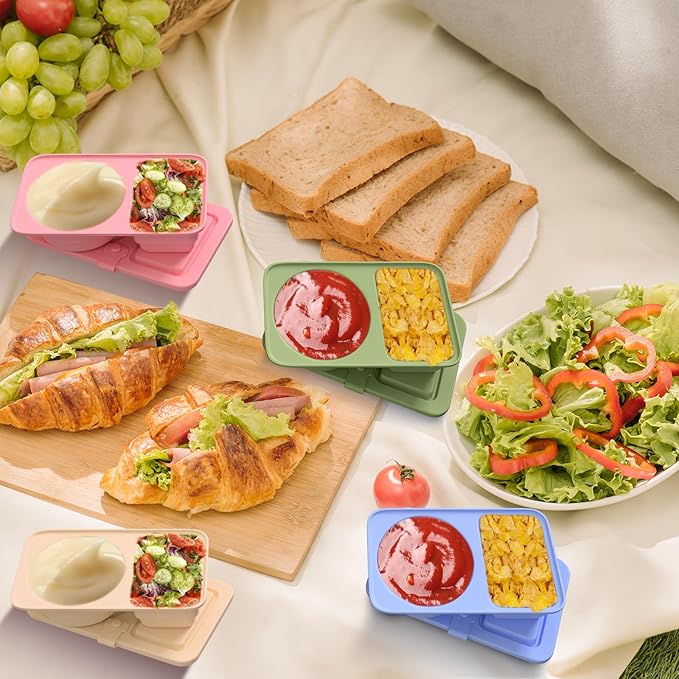 4 Pack Reusable Snack Containers with Lids, Silicone Double Compartment Snack Box Container, Small Mini Snack Pack Containers for Travel, Picnic, Work