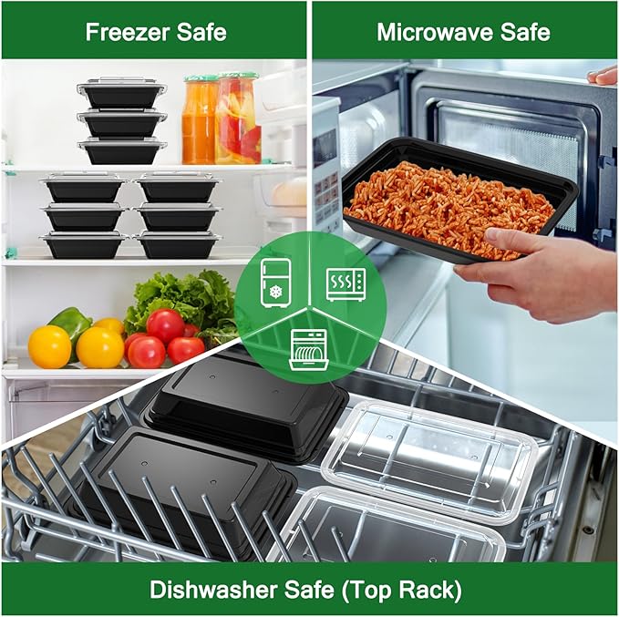 50 Pack (100-Piece) 28 oz Meal Prep Containers Reusable with Lids, Sturdy Leakproof & Food Safe, Microwave, Freezer, Dishwasher Safe Prep Containers, To Go Take Out Plastic Food Storage