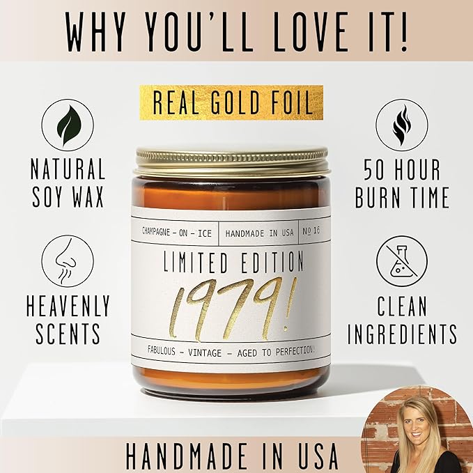 46th Birthday Gifts for Women - 'Limited Edition 1979' Soy Candle, w/Champagne on Ice I 46 Birthday Gifts for Women I 46th Gift for Her Ideas I 9oz Reusable Jar, 50Hr Burn, Made in USA