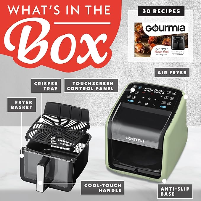 Gourmia Air Fryer 7 QT - Easy View Panoramic Window & Interior Light, Guided Cooking with 12 One-Touch Presets, FryForce 360, Dishwasher Safe Accessories, Green
