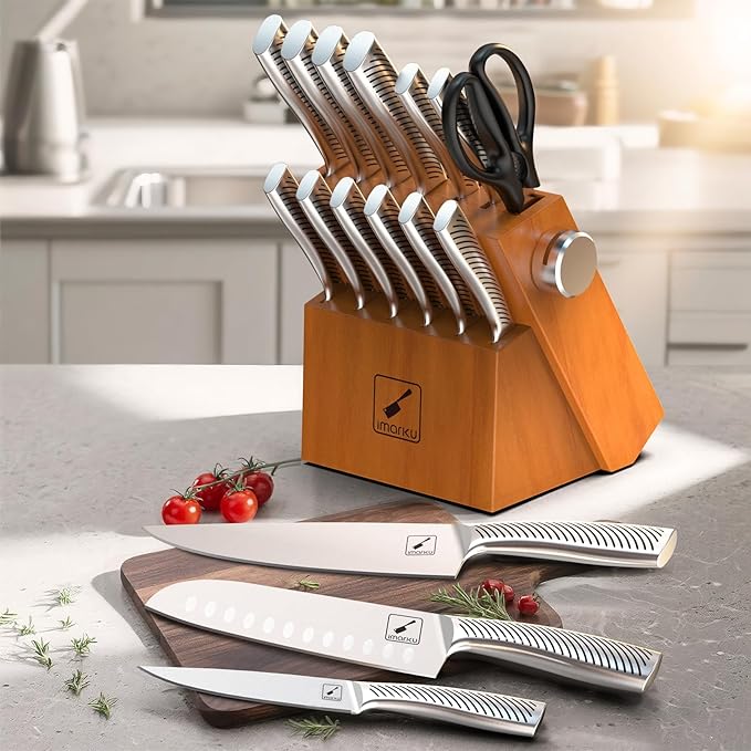imarku Knife Set, 14 Piece Premium Kitchen Knife Block Set, Razor Sharp Japanese Chef Knives Set for Kitchen with Built-in Sharpener, Dishwasher Safe and Quality Acacia Wood Block