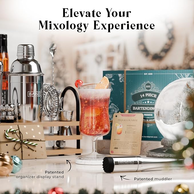 BARE BARREL® Mixology Bartender Kit Bar Set | 14-Piece Cocktail Shaker Set | Martini Barware Mixing Tools for Home Bartending | 35 Recipe Cards | Gift Set (24oz Cobbler Shaker, Silver/Natural)