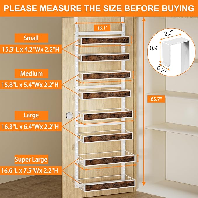 Over The Door Pantry Orangizer,8 Tier Wall Mounted or Hanging Spice Rack with Adjustable Wood Basket,Metal Heavy Duty Behind Door Storage Shelf for Kitchen Pantry and Bathroom