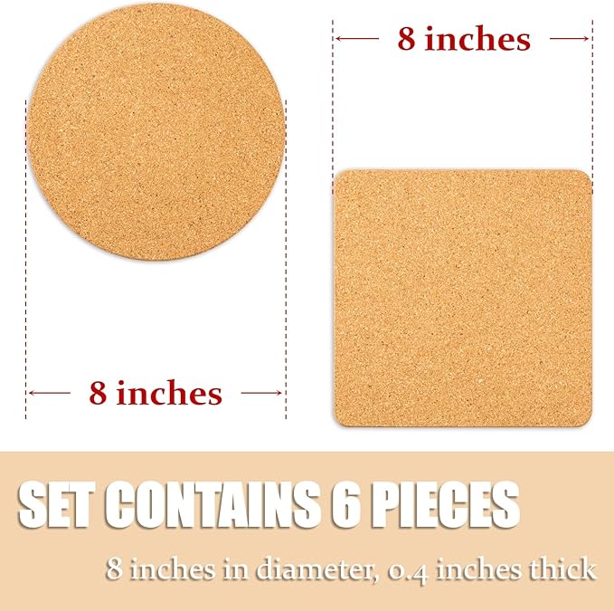 Cork Trivets for Hot Dishes, Pots and Pans, Pot Holders for Kitchen, 8 Inches 6 Pack Hot Pads, Thick Heat Resistant Mats Protect Countertop, Coaster Trivet Home Essentials, Rustic Farmhouse Decor