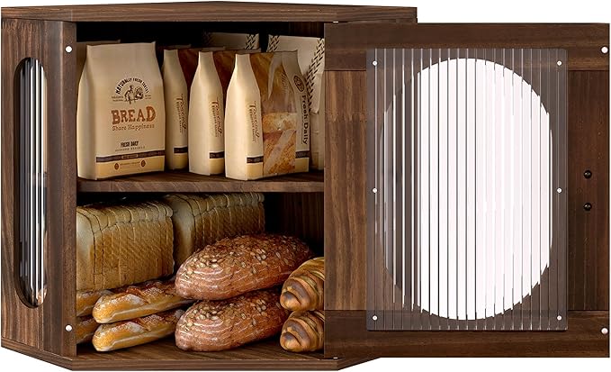 Corner Bread Box, Solid Wood Double Layer Adjustable Large Capacity, Farmhouse Vintage Kitchen Countertop Organizer with Acrylic Window, Retro Brown