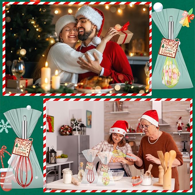 24 Sets 10 Inch Christmas Whisks Supplies Gifts Sets, Includes Silicone Whisks, Greeting Cards, Ribbons, Plastic Bags DIY Fillable Christmas Tree Ornaments for Xmas Cooking Supplies Gift