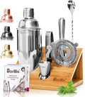 Barillio Bartender Kit - Stainless-Steel Cocktail Shaker Set with Bamboo Stand - Mixology Bar Tools w/Shaker, Drink Mixer Spoon & Muddler for Cocktails - Home Bar Accessories - 10-Pc Bar Set - Silver