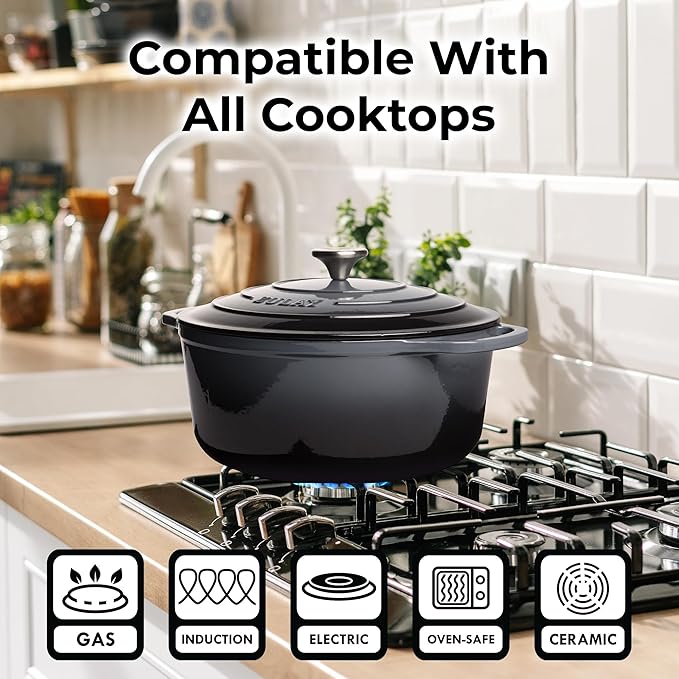 Zulay Kitchen 7.7 Quart Enameled Cast Iron Dutch Oven Pot with Lid – Premium Durability & Oven Safe up to 500°F – Heavy Duty Cookware Perfect for Bread Baking, Stews, Braising & Roasting – Gray