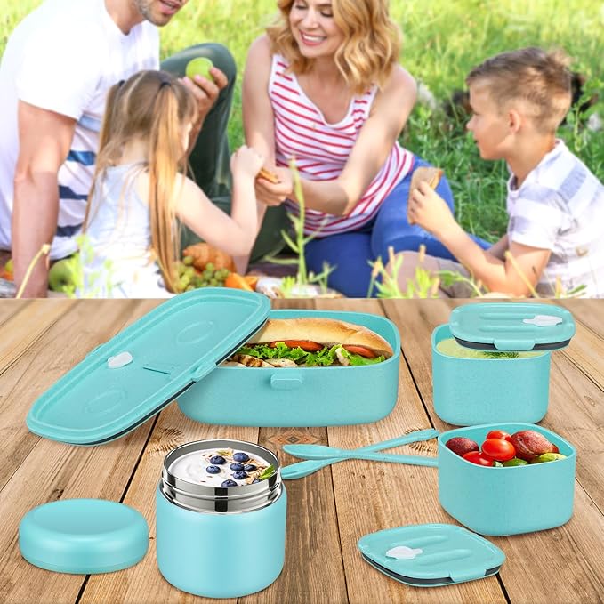 Bento Lunch Box with 8oz Soup Thermo, Kids Sustainable Bento Box Leakproof Lunch Food Containers with Lunch Bag, Kids Thermo Insulated Hot Food Jar for School, Trvael (Blue)