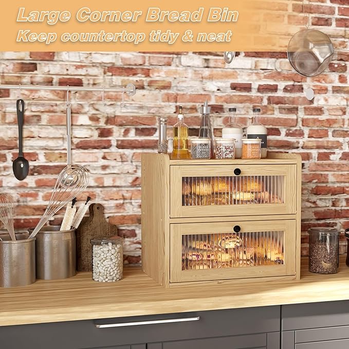 Double Layer Large Bread Box for Kitchen Counter, Wooden Corner Bread Storage Container with Acrylic Window, Original