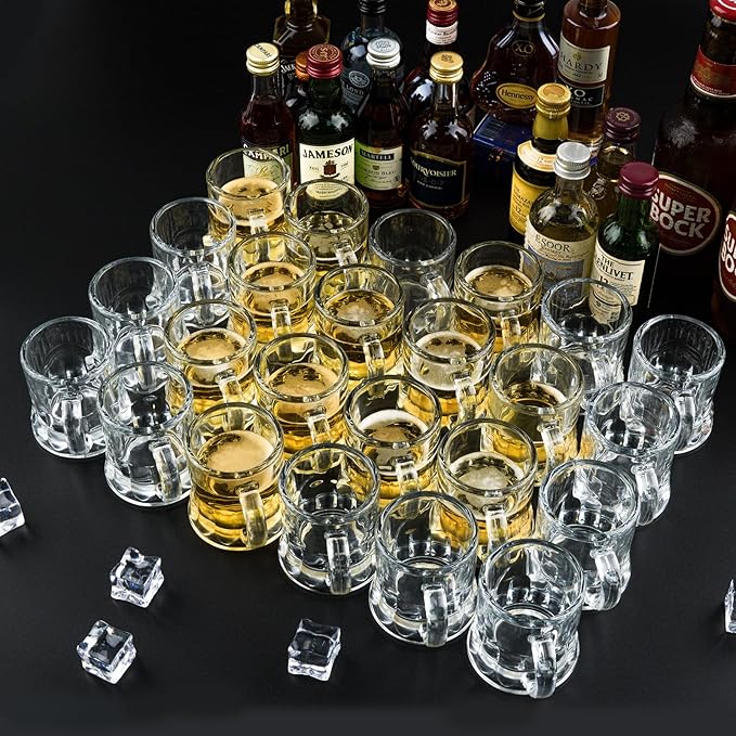 Mini Beer Mugs, Set of 24, 2 Oz with Handles, Glass Mugs for Beer, Whiskey, Tequila, Vodka