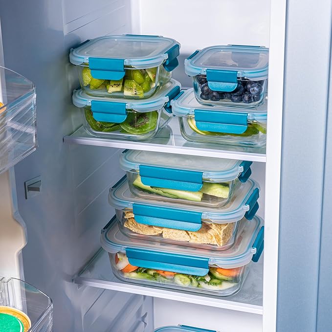 GENICOOK 9-Pack Glass Food Storage Containers with Airtight Lids-Glass Meal Prep Containers/Bento Box/Microwave Freezer Dishwasher Safe-Glass Lunch Box for Kitchen,Stackable,Large Capacity, BPA Free