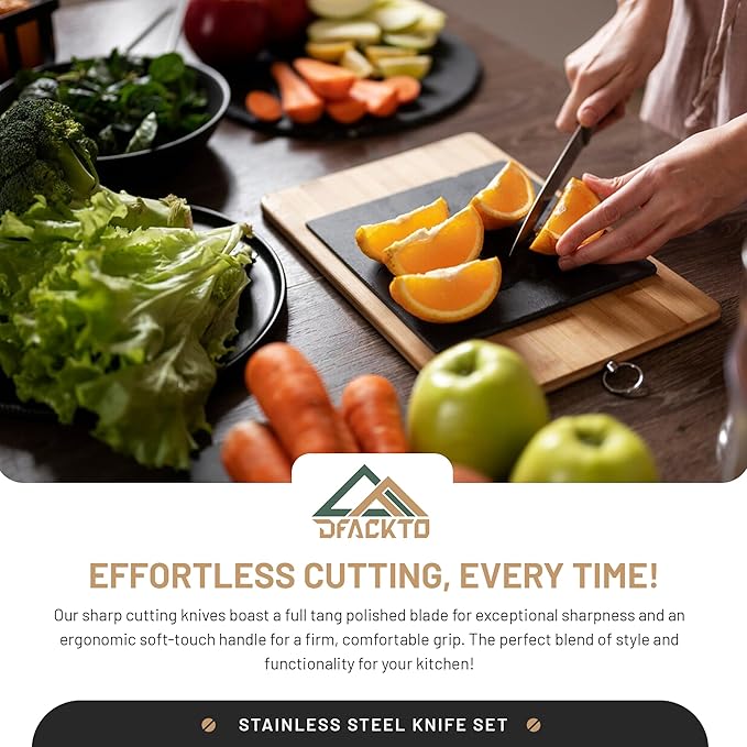 DFACKTO 7-Piece Kitchen Knife Set with Vegetable Peeler without Block – Stainless Steel Knives for Kitchen, Dishwasher Safe Cooking Knife Set with Covers, Sharp Cutting Knives for Cooking – Black Gray