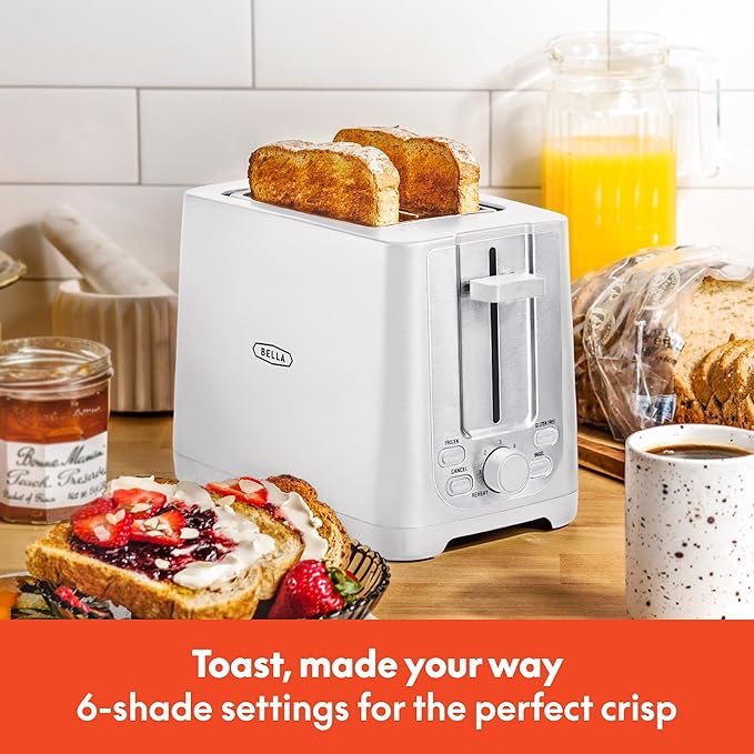 BELLA 2 Slice Toaster with Auto Shut Off - Extra Wide Slots & Removable Crumb Tray and Cancel, Defrost & Reheat Function - Toast Bread, Bagel & Waffle, White