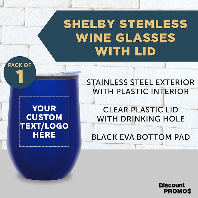 DISCOUNT PROMOS Custom Stemless Wine Tumblers 12 oz. Set of 1, Personalized Bulk Pack - Insulated, Perfect for Wine, Cocktails, Other Hot & Cold Beverages - Blue