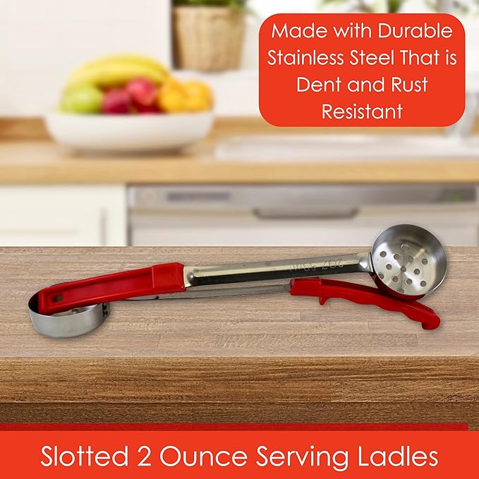 2 Ounce Slotted Stainless Steel Portion Control Ladle Spoon for Measuring and Serving; Commercial Grade Serving Scoops [Pack of 12]
