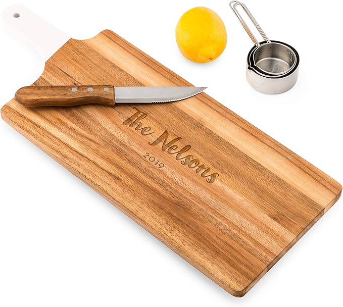 Weddingstar Personalized Wooden Cutting Board or Serving Board with White Handle 7.8" x 21"- Retro Script Etching