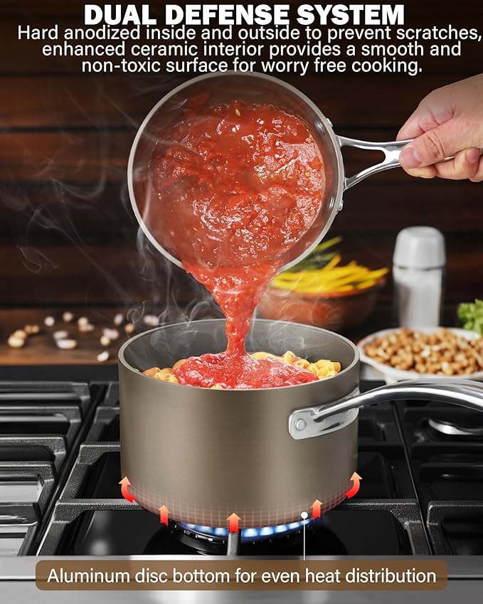 Cooks Standard 2-Quart Saucepan Hard Anodized Ceramic Nonstick with Glass Lid, Classic Small Cooking Sauce pot Mini Milk Pan, Induction Compatible, Bronze