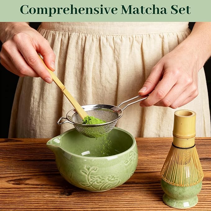 Matcha Whisk Set, Ceramic Matcha Set Includes Matcha Bowl, Matcha Whisk and Holder, Bamboo Scoop, Sifter 5 Pcs Matcha Kit for Matcha Lovers (Mottled Green)
