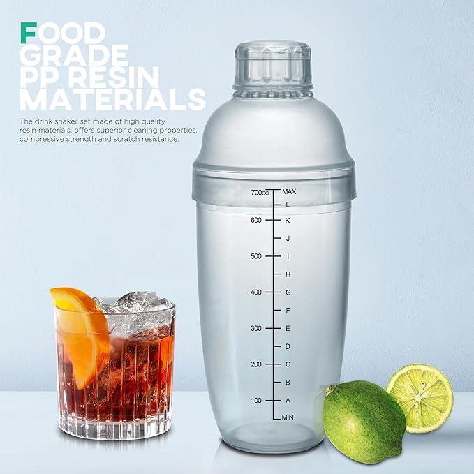 Homestia 3 Pack Plastic Cocktail Shaker with Extra 3 Caps, 700cc / 24 oz Clear Boba Tea Cup Matcha for Milk Wine Coffee Mixing, Bar Tool Hand Drink Mixer w/Scales and Strainer Top Clear Shaker Cup