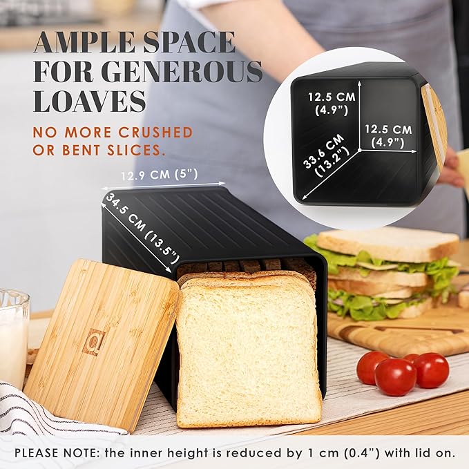Apace Living FRESHSLICE Bread Container 2.0 | Bread Keeper with Airtight Lid | Metal Bread Box with Bamboo Lid for Homemade Bread, 5 Liter (Classic Black)