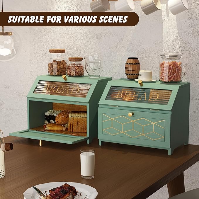 Double Layer Bread Box With Golden Trim for Countertop, Wooden Bread Container for Kitchen Counter, Corner Bread Storage (Green)